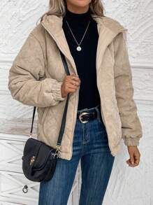 SHEIN LUNE Áo khoác đệm ấm mùa đông có mũ trùm đầu dành cho nữ có khóa kéo - Màu be - Xem 5