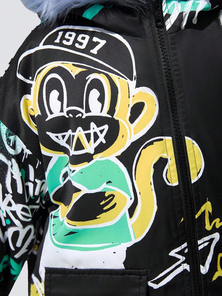 Young Boy Letter Graphic Contrast Fuzzy Hooded Thermal Lined Coat