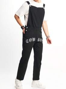 Manfinity Homme 男士字母圖案牛仔背帶褲不帶T恤 - 黑色 - 查看 5