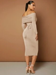 SHEIN BAE Off Shoulder Bodycon Dress - Khaki - View 4
