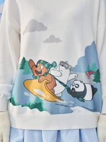 We Bare Bears X SHEIN Cartoon Pattern Drop Shoulder Sweater - White - View 6