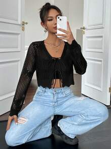 SHEIN Unity Tie Front Open Knit Cardigan - Black - View 4