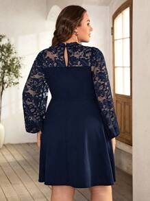 SHEIN Clasi 大碼蕾絲拼接燈籠袖洋裝 - 藏蓝色 - 查看 2