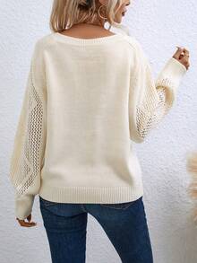 SHEIN Clasi 素色網眼針織插肩袖套頭毛衣 - 米色 - 查看 2