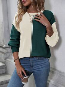 SHEIN LUNE 雙色落肩袖套頭毛衣 - 綠色 - 查看 1