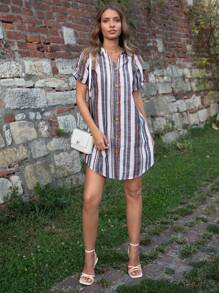 SHEIN LUNE Striped Print Roll Tab Sleeve Button Front Curved Hem Dress - Multicolor - View 5