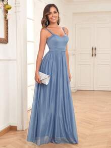 素色金屬亮絲吊帶裙伴娘禮服