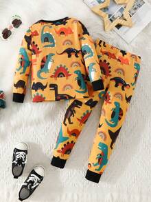 男童恐龍印花拉門袖緊身睡衣套裝 - 黃色 - 查看 2