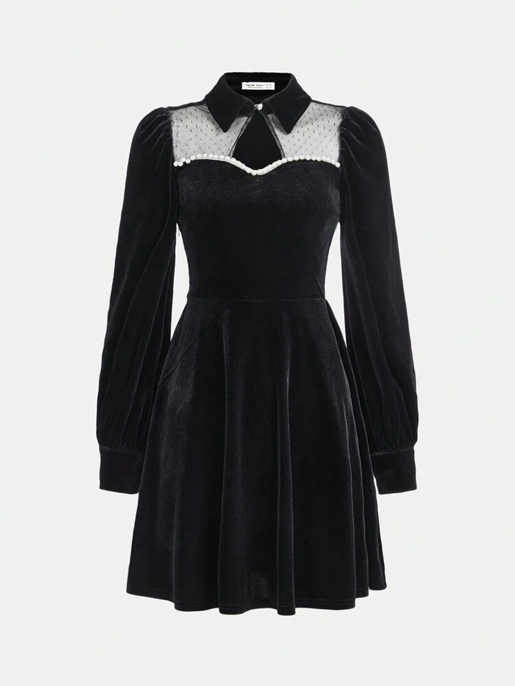 Teen Girl Pearls Detail Contrast Mesh Velvet Dress for Christmas