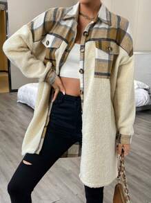 SHEIN LUNE Plaid Print Drop Shoulder Flap Pocket Teddy Coat - Multicolor - View 6
