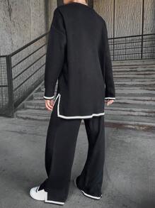 EURMUSE Contrast Trim Drop Shoulder Sweater & Knit Pants