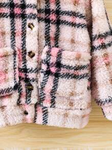 SHEIN 女小童格紋圖案雙口袋連帽毛絨夾克 - 彩色 - 查看 3
