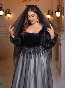 SHEIN Belle Plus Contrast Lace Flare Sleeve Mesh Formal Dress - Black and White - View 7