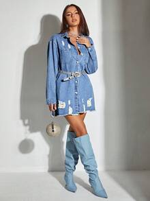 SHEIN BAE 破洞毛邊牛仔襯衫 - 深色水洗藍 - 查看 6