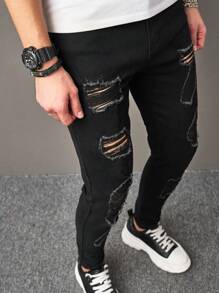 Manfinity LEGND Men Ripped Frayed Skinny Jeans - Black - View 4
