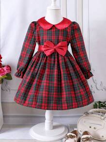 SHEIN Young Girl Tartan Print Peter Pan Collar Bow Front Dress for Christmas - Red - View 1