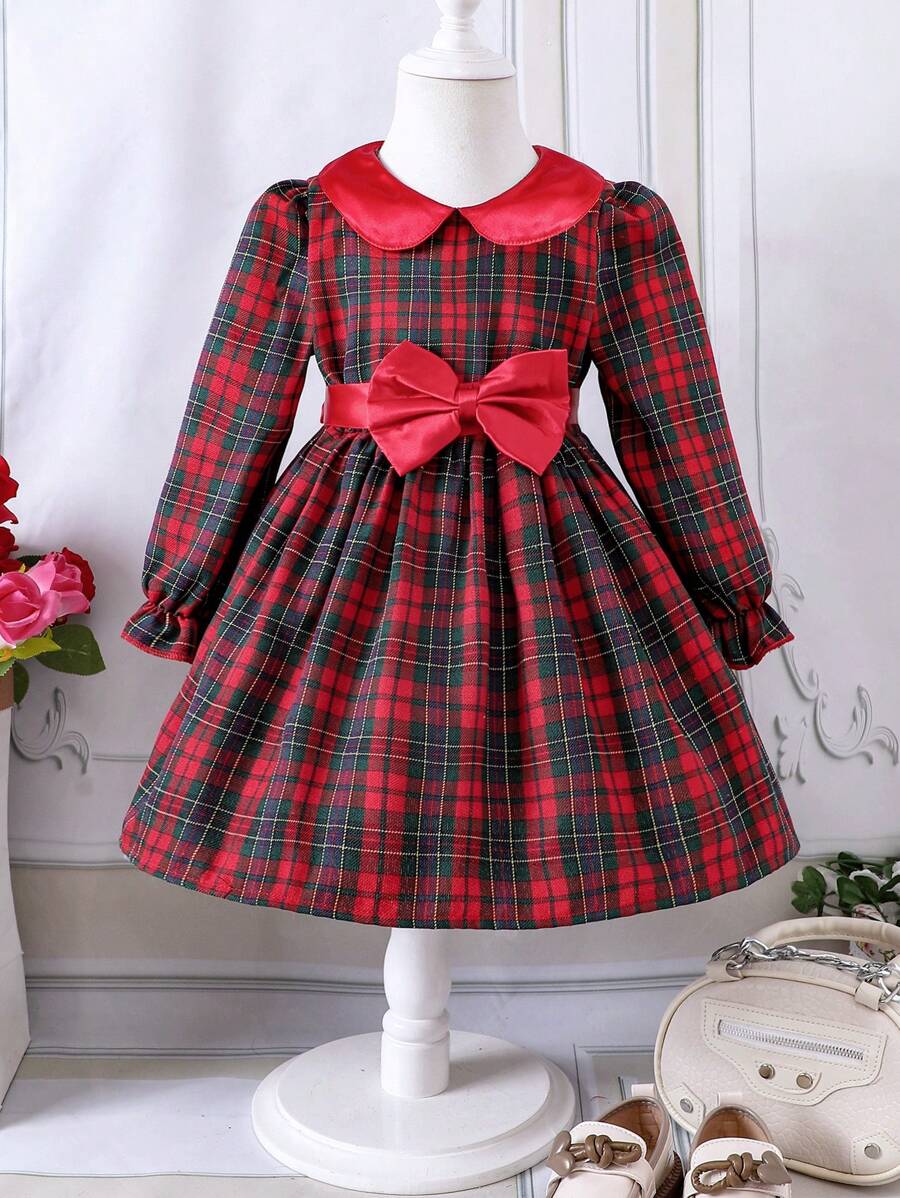 SHEIN Young Girl Tartan Print Peter Pan Collar Bow Front Dress for Christmas - Red - View 1