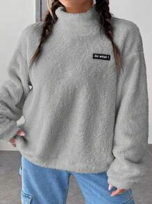 SHEIN EZwear 字母貼布落肩袖搖粒絨運動衫 - 灰色 - 查看 4