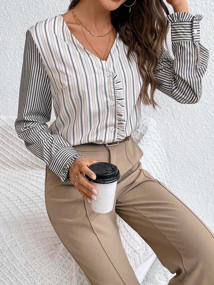 Women's Casual & Office Commute Striped Print V-Neck Ruffle Sleeve Loose Blouse, Spring/Autumn Winter