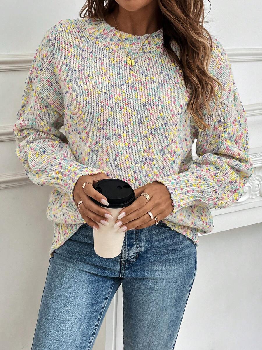 SHEIN LUNE Space Dye Drop Shoulder Sweater,Long Sleeve Tops Knit Pullover Fall Winter Outfit - White - View 1