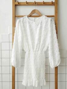 DAZY 纯色荷叶边下摆毛绒连衣裙，秋季连衣裙 - 白色 - 查看 3