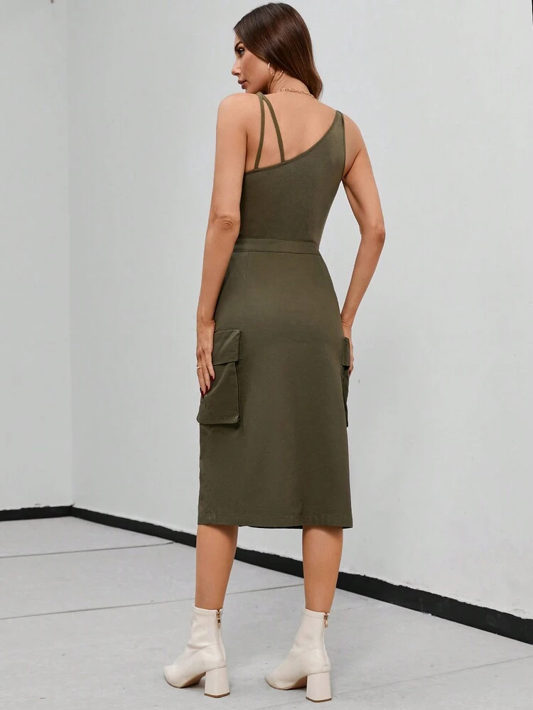 Asymmetrical Neck Flap Pocket Split Dress Without Belt
