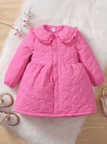 SHEIN Young Girl Heart Quilted Peter Pan Collar Button Front Padded Coat - Hot Pink - View 1