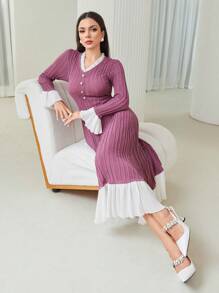 Modelyn Colorblock Flare Sleeve Ruffle Hem Sweater Dress - Purple - View 3