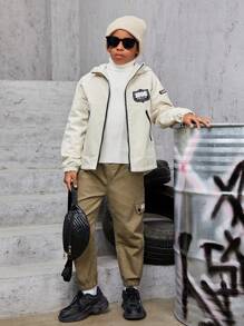 Tween Boy Letter Graphic Zip Up Hooded Padded Coat