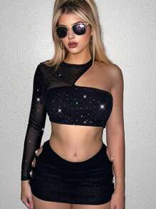SHEIN Sweetina Rhinestone Detail Cut Out Mesh Crop Top - Black - View 3