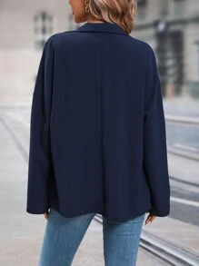 SHEIN LUNE Waterfall Collar Roll Tab Sleeve Open Front Coat - Navy Blue - View 2