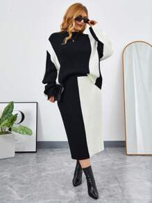 SHEIN Essnce 大碼雙色落肩袖毛衣和針織裙 - 黑與白 - 查看 3