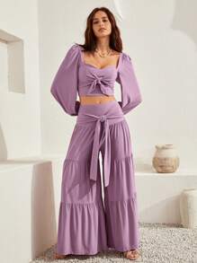 Bohemela Sweetheart Neck Lantern Sleeve Crop Top & Tie Front Ruffle Hem Skirt