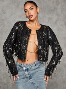SHEIN BAE 聖誕開門襟短款亮片夾克 - 黑色 - 查看 1