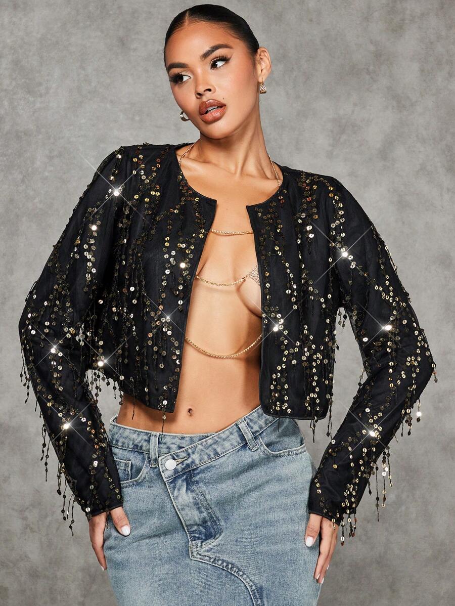 SHEIN BAE 聖誕開門襟短款亮片夾克 - 黑色 - 查看 1