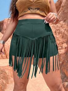 SHEIN Holidaya Plus Western Cowgirl Fringe Trimmed Fringe Hem Shorts - Dark Green - View 5
