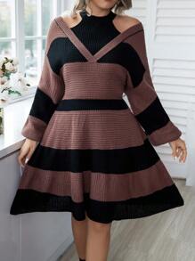 Elenzga Plus Two Tone Cold Shoulder Sweater Dress, For Winter Fall Cloth For Women - Multicolor - View 4