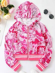 SHEIN Tween Girl Pop Art Print Zip Up Hooded Jacket - Pink - View 1