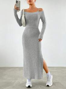 SHEIN EZwear Camiseta unicolor & de muslo con abertura Vestido de tirantes - Gris - Ver 6