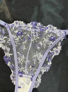 Floral Embroidery Mesh Underwire Sexy Bra & Panty Lingerie Set Without Liner - Lilac Purple - View 4