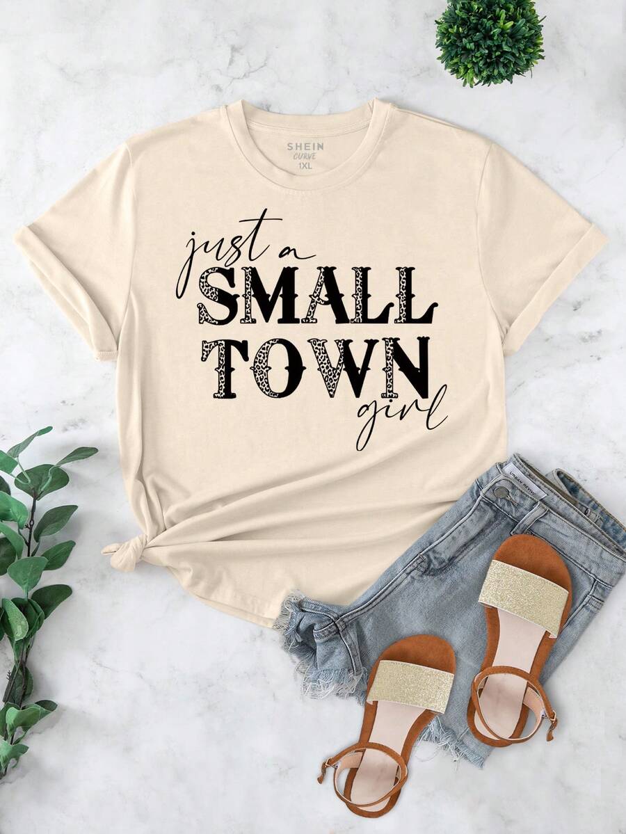 SHEIN LUNE Plus Letter Graphic Tee - Beige - View 1