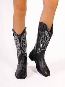 Fashionable Chunky Heel Versatile Western Cowboy Booties With V-cut & Embroidery Detail, Square Toe Riding Boots, Vintage Style - Black - View 5