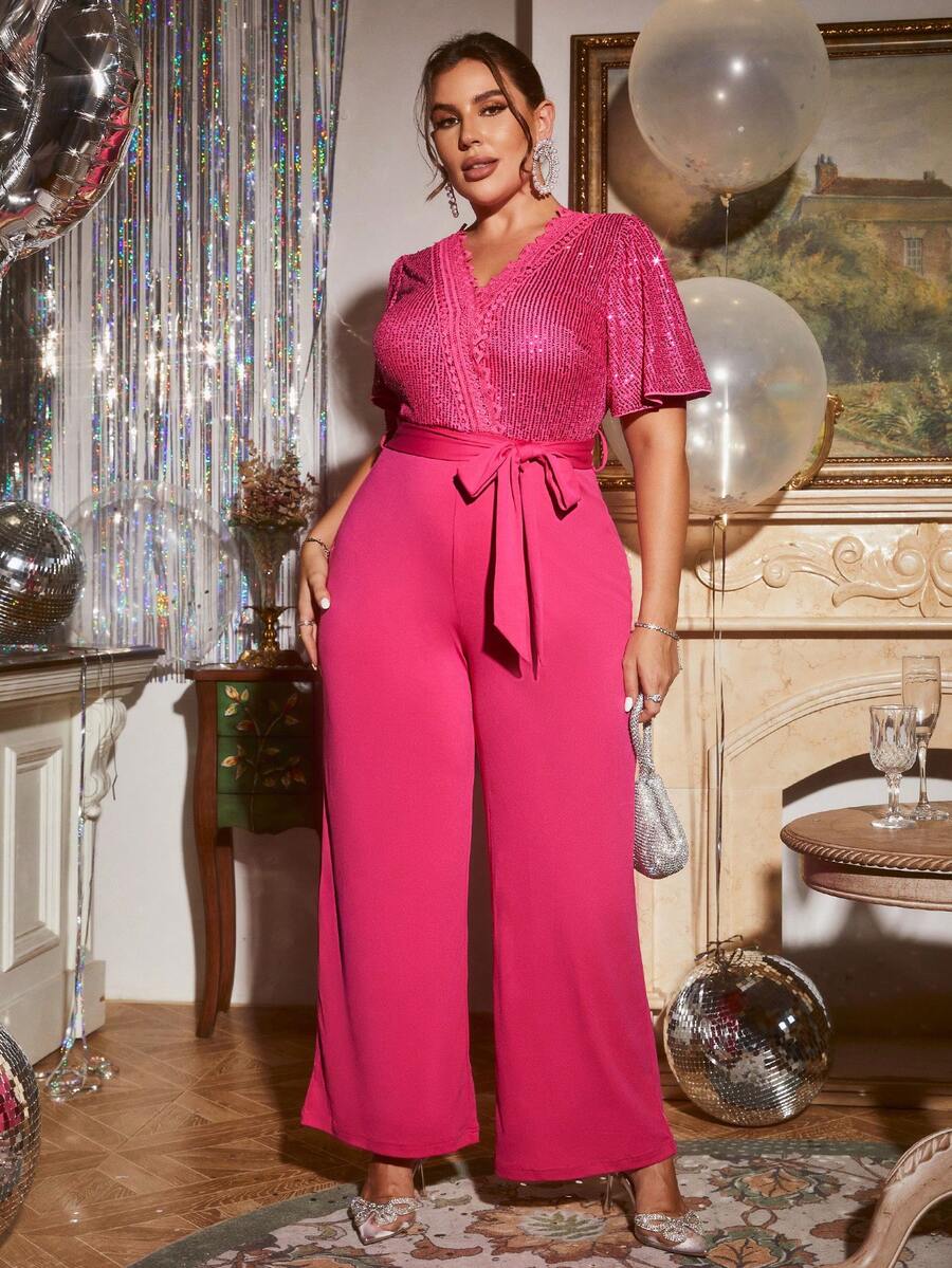 Glamaker Jumpsuits Plus Size màu trơn Thanh lịch - Màu Hồng Tươi - Xem 1