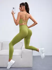 Easithlete Crisscross Backless Wide Waistband Sports Set Workout Set Workout Women Set Women Leggings Set - Green - View 6