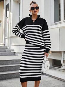 RueChic 條紋圖案落肩袖毛衣和針織裙