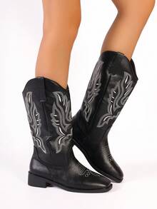 Fashionable Chunky Heel Versatile Western Cowboy Booties With V-cut & Embroidery Detail, Square Toe Riding Boots, Vintage Style - Black - View 2