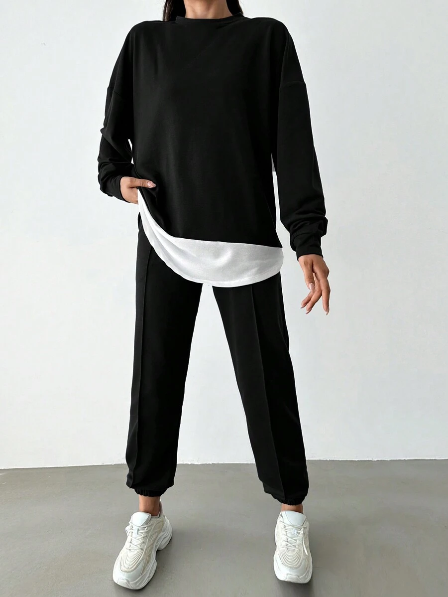 EURMUSE Drop Shoulder 2 In 1 Sweatshirt & Sweatpants - Black - View 1
