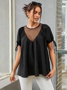 SHEINNeu 網紗拼接打結袖口泡泡袖襯衫 - 黑色 - 查看 4