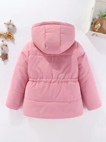 SHEIN Young Girl Drawstring Waist Hooded Padded Coat - Pink - View 2