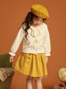 Tween Girl Floral Embroidery Peter Pan Collar Button Front Cardigan - Beige - View 3
